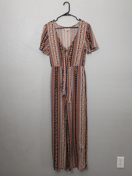 Band of Gypsies Pants - Band of Gypsies Floral and Striped Boho Jumpsuit Multicolor Wide Leg Womens Med